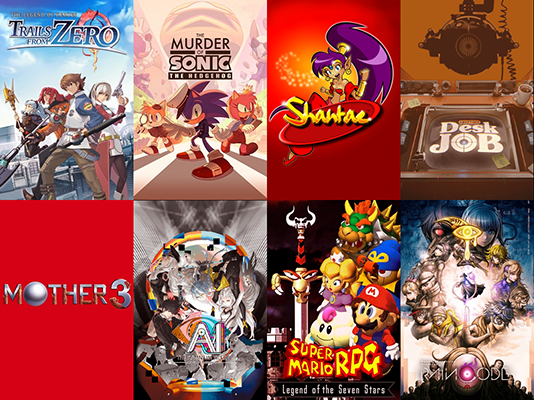 Collage of cover artwork for the games mentioned in the post: Trails from Zero, The Murder of Sonic the Hedgehog, Shantae (GBC), Aperture Desk Job, Mother 3, AITSF: Nirvana Initiative, Super Mario RPG (SNES), and Rain Code.